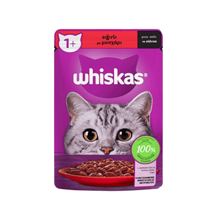 🥣 پوچ گربه بالغ ویسکاس ترک 🇹🇷Whiskas طعم گوشت گاو در سس مخصوص🐄🥩