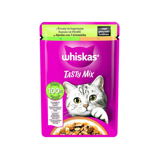 🥣 پوچ گربه بالغ ویسکاس 🇹🇷Whiskas تیستی میکس طعم گوشت بره و بوقلمون در گروی🦃🐑