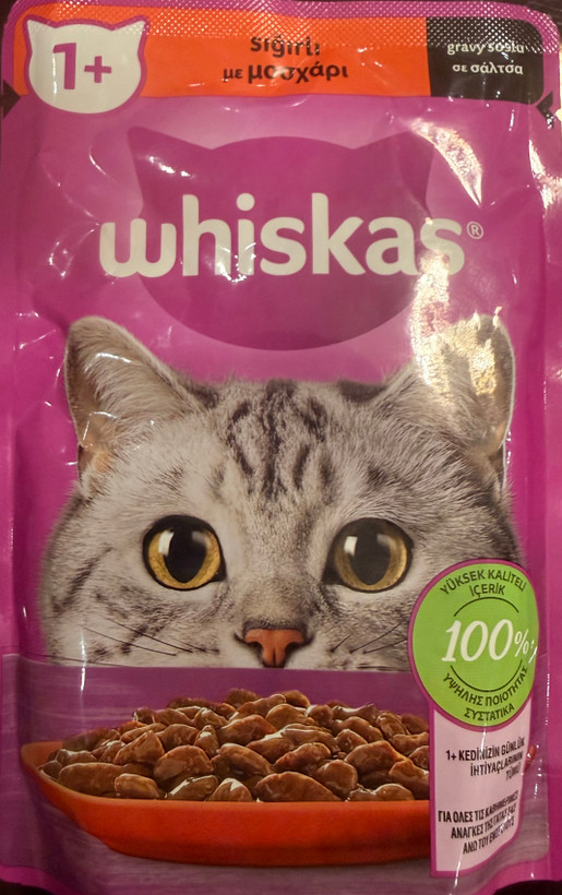🥣 پوچ گربه بالغ ویسکاس ترک 🇹🇷Whiskas طعم گوشت گاو در سس مخصوص🐄🥩