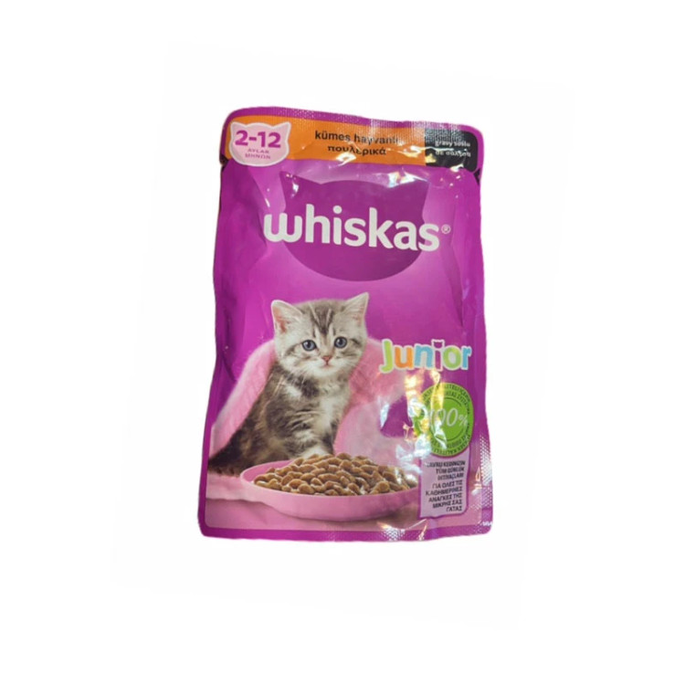 🥣 پوچ گربه جونیور ویسکاس ترک🇹🇷 Whiskas طعم مرغ 🍗در گروی🐓🍖