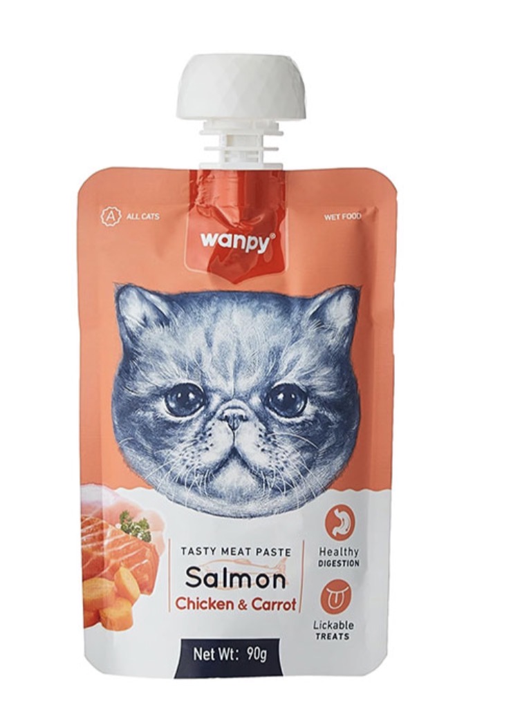 😻🥣🍮پودینگ گربه ونپی با طعم🍣🐓🥕 سالمون، مرغ و هویچ WANPY Premium Lickable Creamy Meat Paste بسته 10 عددی و تکی