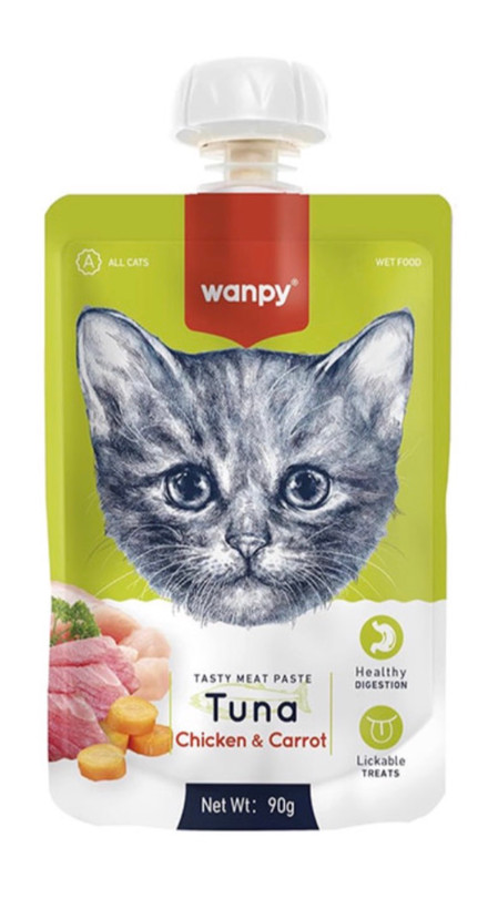 😻🥣🍮 پودینگ گربه ونپی با طعم🐟🐓🥕 تن، مرغ و هویچ WANPY Premium Lickable Creamy Meat Paste بسته 10 عددی و تکی
