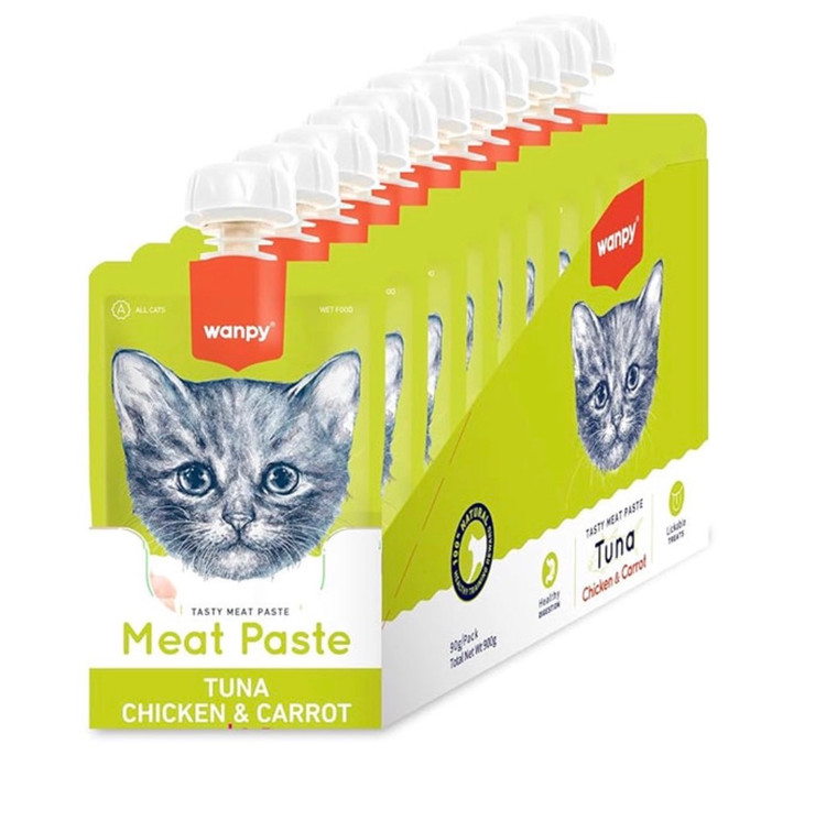 😻🥣🍮 پودینگ گربه ونپی با طعم🐟🐓🥕 تن، مرغ و هویچ WANPY Premium Lickable Creamy Meat Paste بسته 10 عددی و تکی