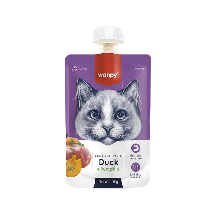 😻🥣🍮 پودینگ گربه ونپی با طعم🦆 🎃 اردک و کدو تنبل WANPY Premium Lickable Creamy Meat Paste بسته 10 عددی و تکی