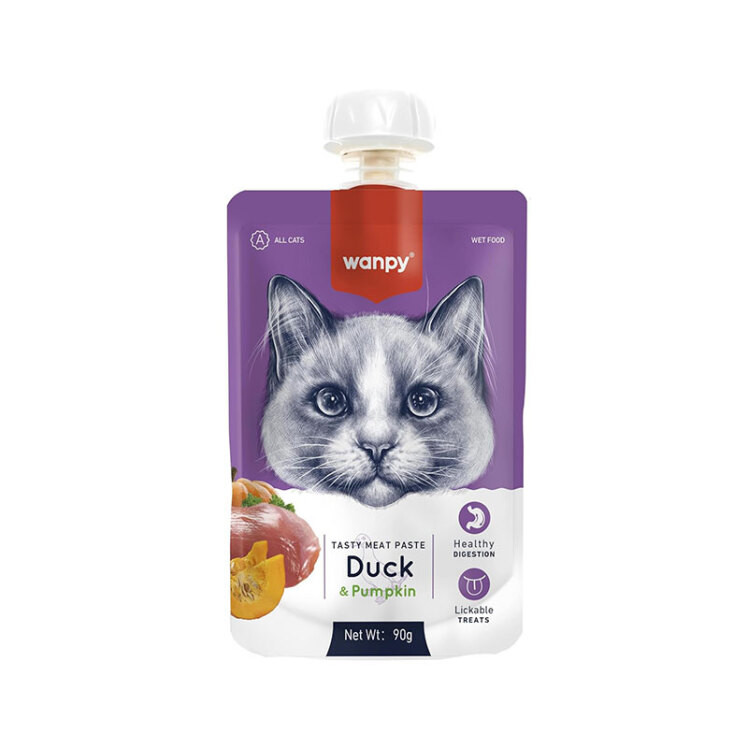 😻🥣🍮 پودینگ گربه ونپی با طعم🦆 🎃 اردک و کدو تنبل WANPY Premium Lickable Creamy Meat Paste بسته 10 عددی و تکی