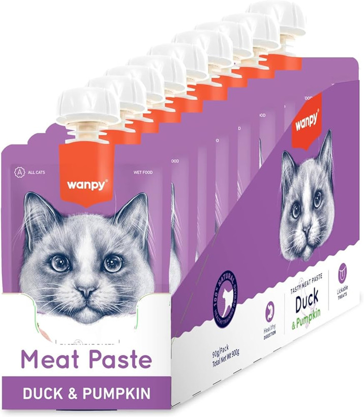 😻🥣🍮 پودینگ گربه ونپی با طعم🦆 🎃 اردک و کدو تنبل WANPY Premium Lickable Creamy Meat Paste بسته 10 عددی و تکی