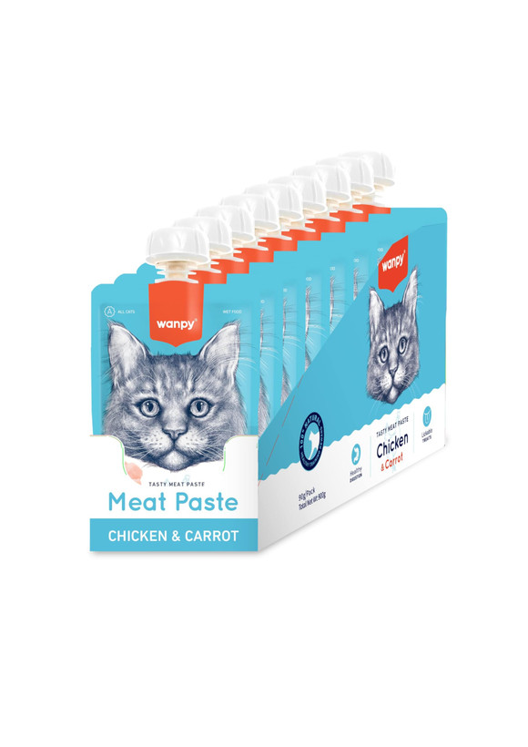😻🥣🍮پودینگ گربه ونپی با طعم🍗🥕مرغ و هویچ WANPY Premium Lickable Creamy Meat Paste بسته 10 عددی و تکی