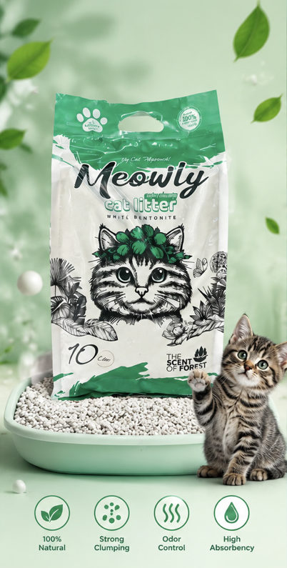 خاک گربه میولی Meowlyرایحه جنگل (Forest Scent) بنتونیت سفید ۱۰ کیلوگرمی صادراتی