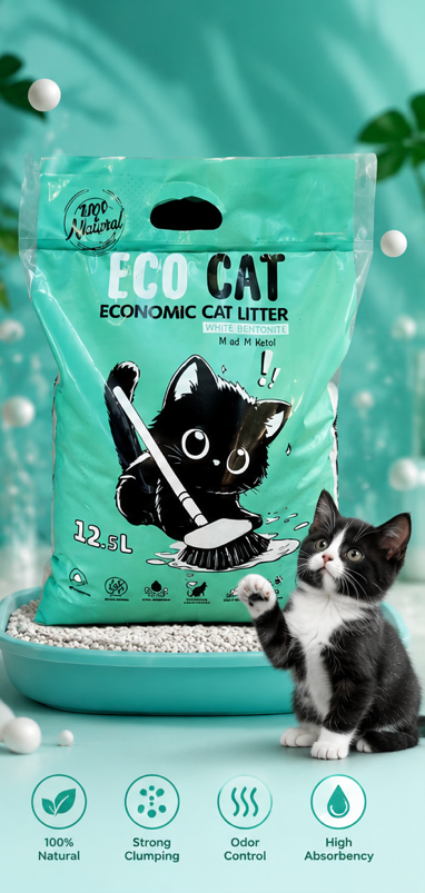 خاک گربه میولی Meowlyاکو کت (ECO CAT) اقتصادی بنتونیت سفید ۱۲.۵ لیتری
