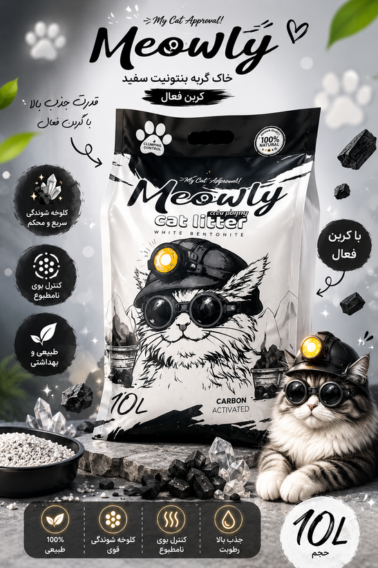 خاک گربه میولی کربنMeowly Carbon Activate فعال (Meowly Carbon Activated) بنتونیت سفید ۱۰ لیتری