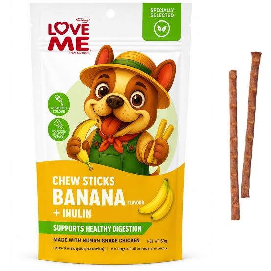 تشویقی سگ لاومی مدل مرغ و موز وزن 60 گرم love me banana 🍌 with human grade 🍗 chicken