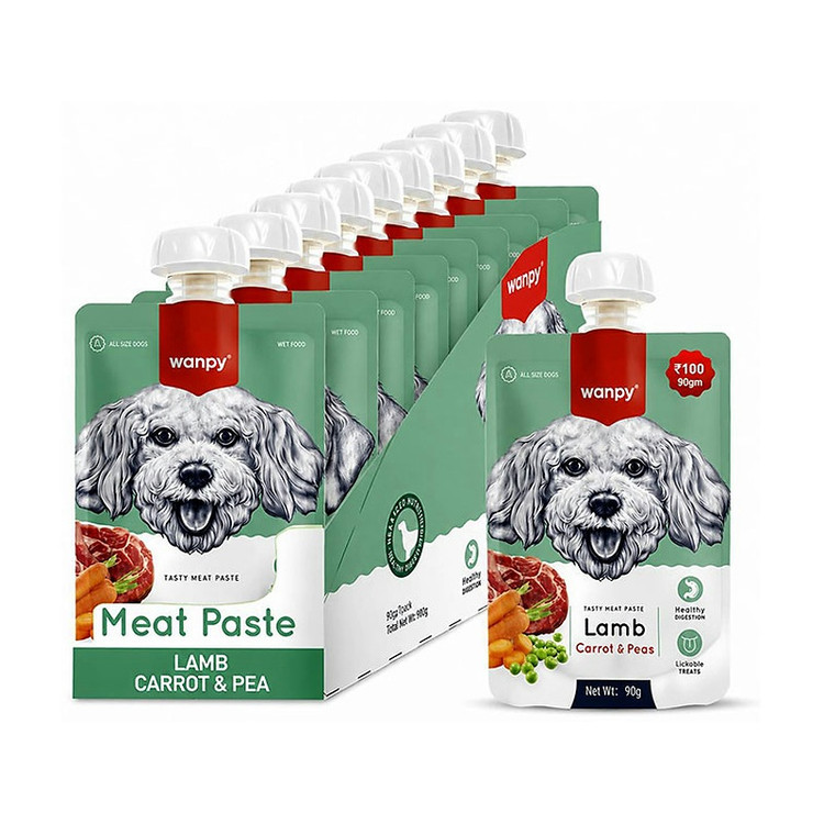 🥣🍮پودینگ سگ ونپی با طعم 🐑 🥕بره و هویچ و نخود 🫛 WANPY Premium Lickable Creamy Meat Paste بسته 10 عددی و تکی