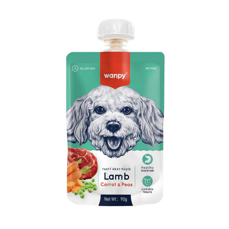 🥣🍮پودینگ سگ ونپی با طعم 🐑 🥕بره و هویچ و نخود 🫛 WANPY Premium Lickable Creamy Meat Paste بسته 10 عددی و تکی