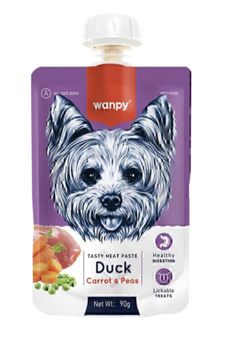 🥣🍮پودینگ سگ ونپی با طعم اردک و هویج و نخود WANPY Premium Lickable Creamy Meat Paste بسته 10 عددی و تکی