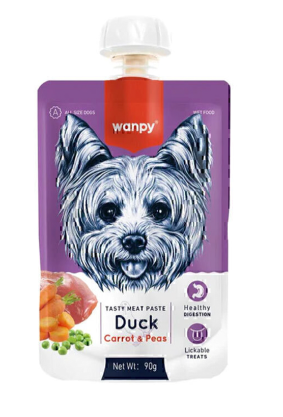 🥣🍮پودینگ سگ ونپی با طعم اردک و هویج و نخود WANPY Premium Lickable Creamy Meat Paste بسته 10 عددی و تکی