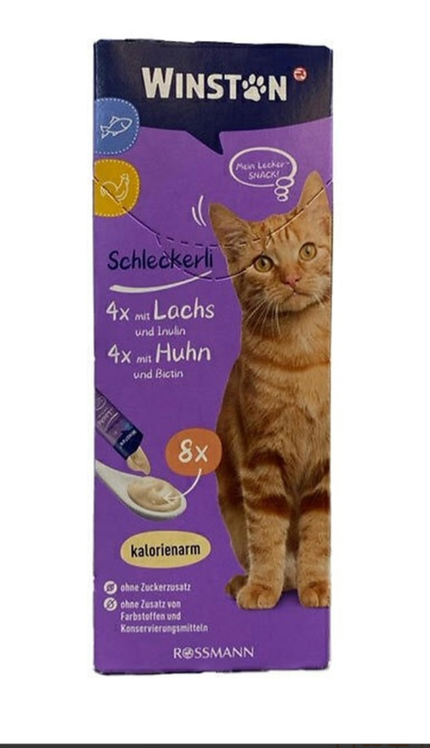 🍦😸🍨 بستنی گربه وینستون مدل طعم مرغ و ماهی 🍗 🍣 وزن 120 گرم تک عددی و ۸ عددی بسته ای کارخانه